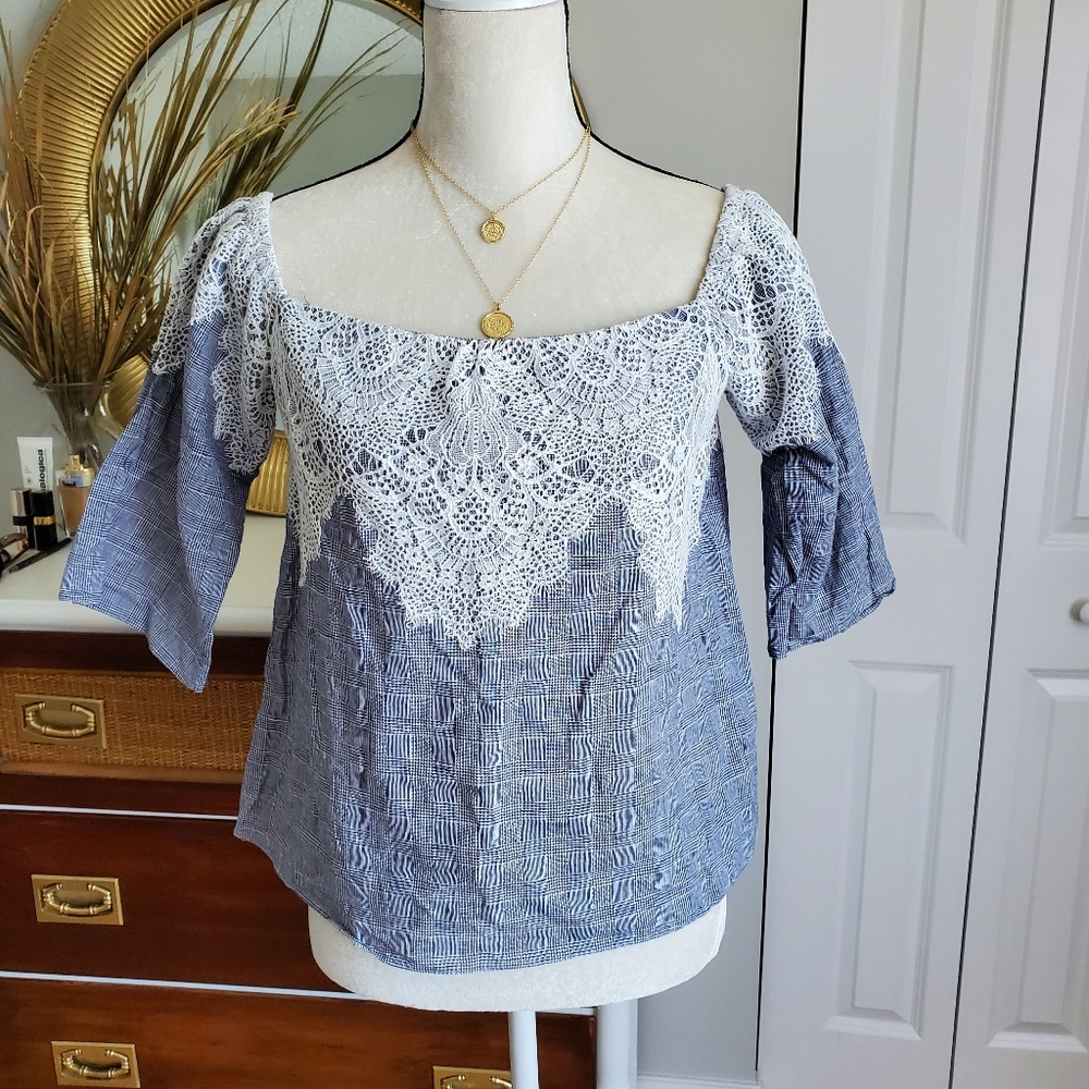Zara lace embroidery plaid off the shoulders top